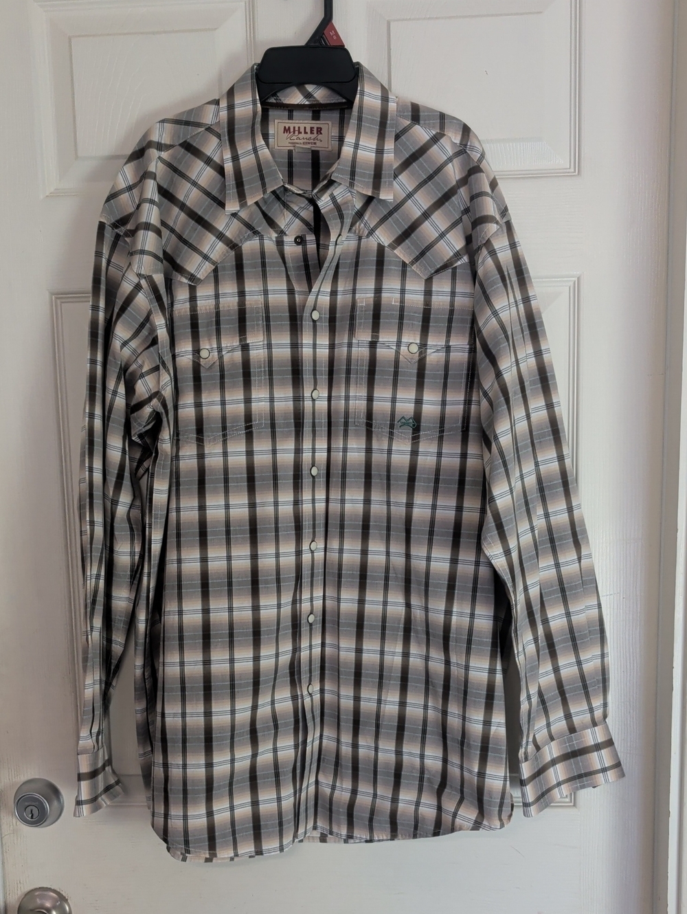 Miller Ranch Shirt Mens X-Large Brown Tan Plaid Pearl Snap Long Sleeve Adult XL